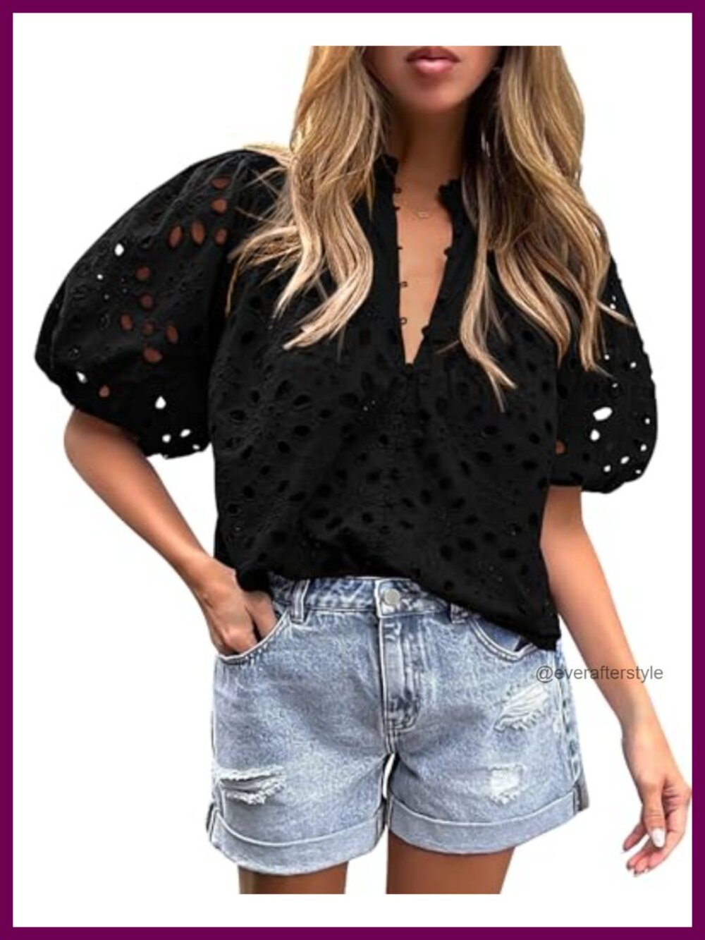 Womens Boho Eyelet Puff Sleeve Button Up Blouse